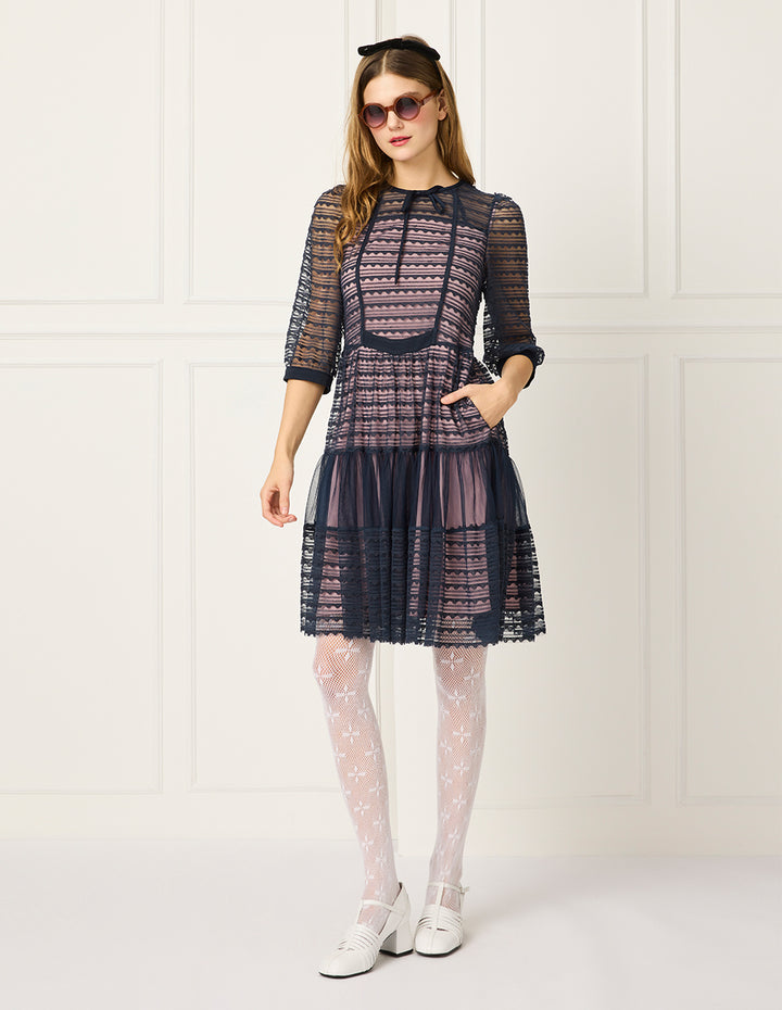 BORA AKSU Round-Neck Lace Trim Bubble Sleeve Pleated Midi Dress