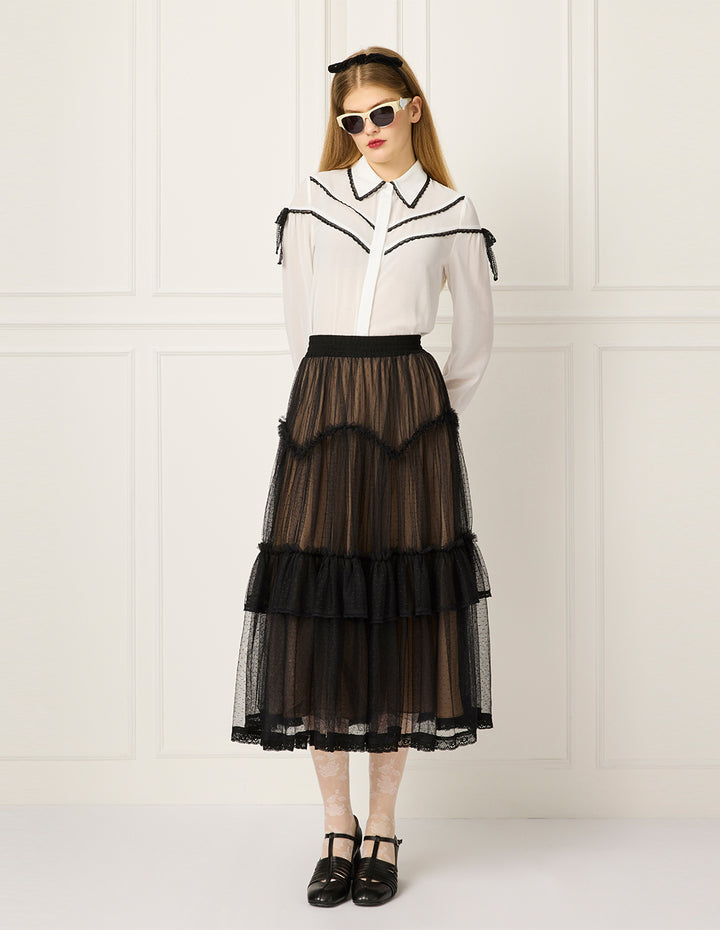 BORA AKSU Lace Floral Trim Bubble Long Sleeve Blouse