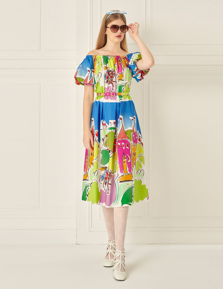 BORA AKSU Puff Sleeve Pleated Printed Dress