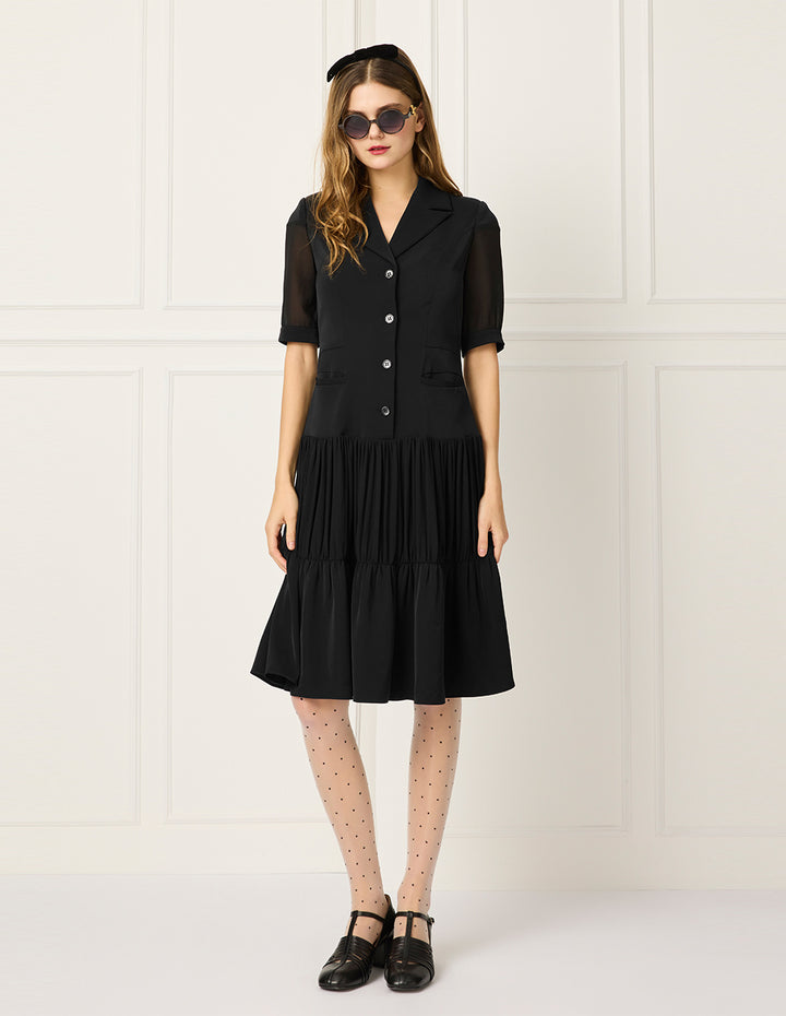 BORA AKSU Notch Lapel Single-Breasted See-Through Short Sleeve Pleated Midi Dress
