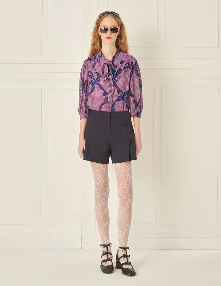 BORA AKSU French Puff Sleeve Ruddles Bow Printed Blouse