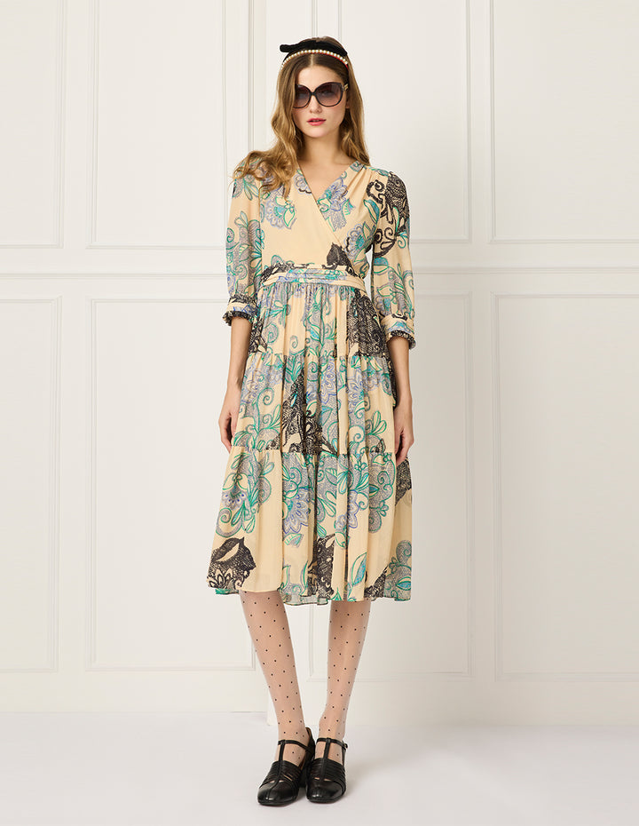 BORA AKSU V-Neck Puff Sleeve Floral Lace Print Pleated Midi Wrap Dress
