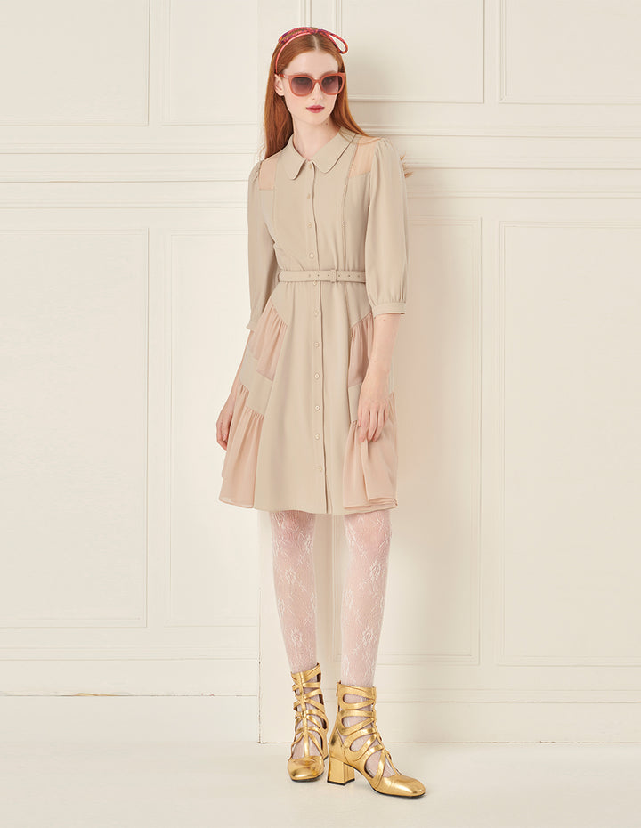 BORA AKSU Puff Sleeve Paneled Pleated Belt Dress