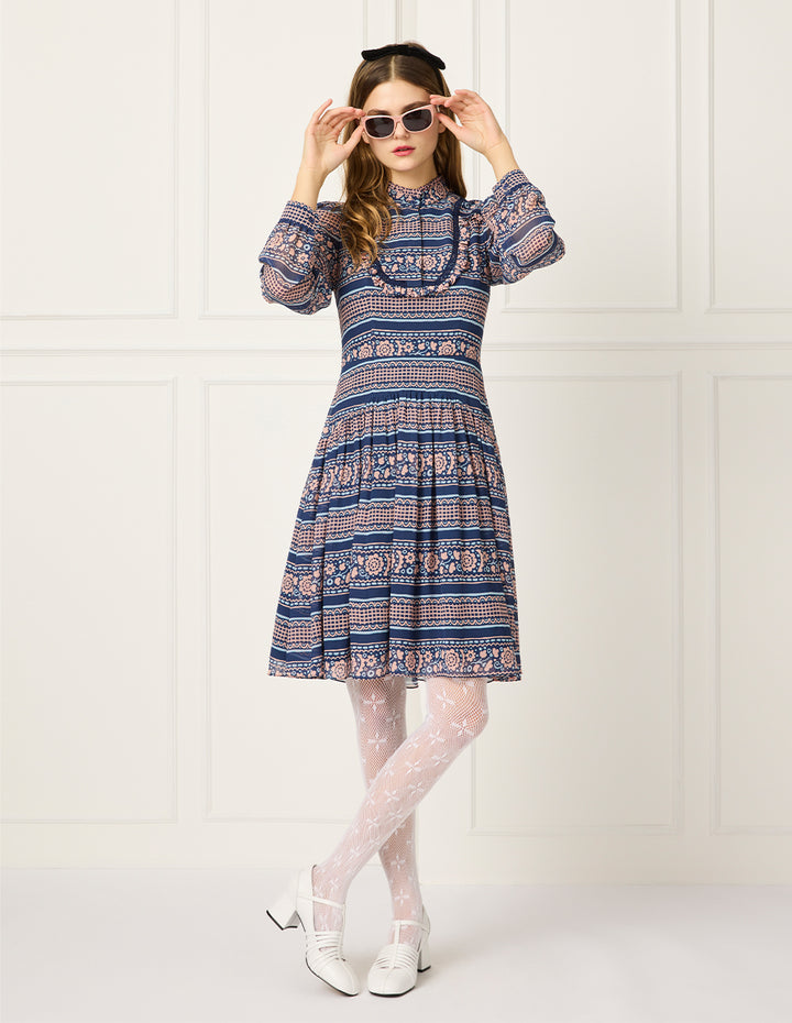 BORA AKSU Stand-Callor Ruffles Bubble Sleeve Print Pleated Midi Dress