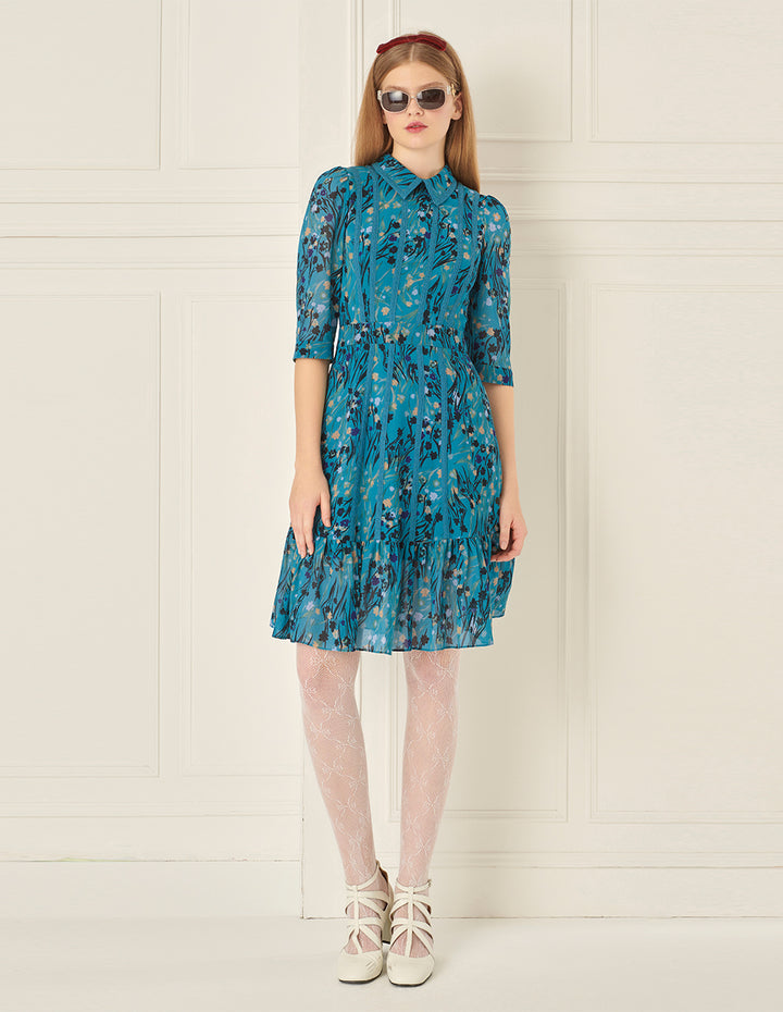 BORA AKSU French Puff Sleeve Lapel Ruffle Print Dress