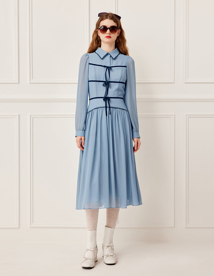 BORA AKSU Collared Bow Bubble Sleeve Pleated Midi Dress