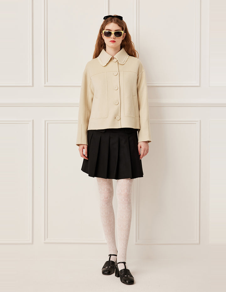BORA AKSU Ruffle Lapel Long Sleeve Wool Knit Coat
