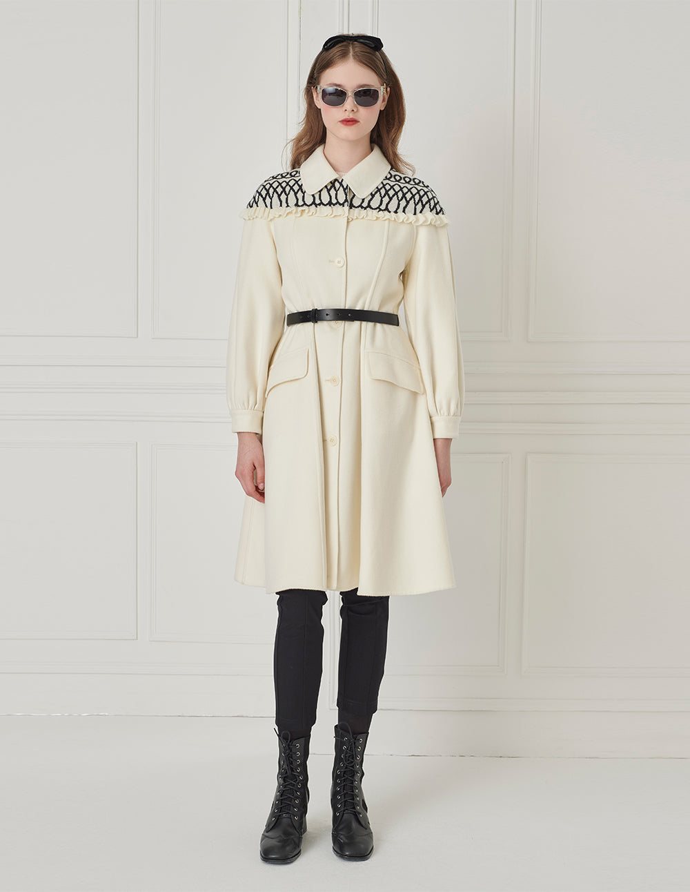 BORA AKSU Shirt-Collar Geometric Knitted Patchwork Fitted Umbrella Hem Coat