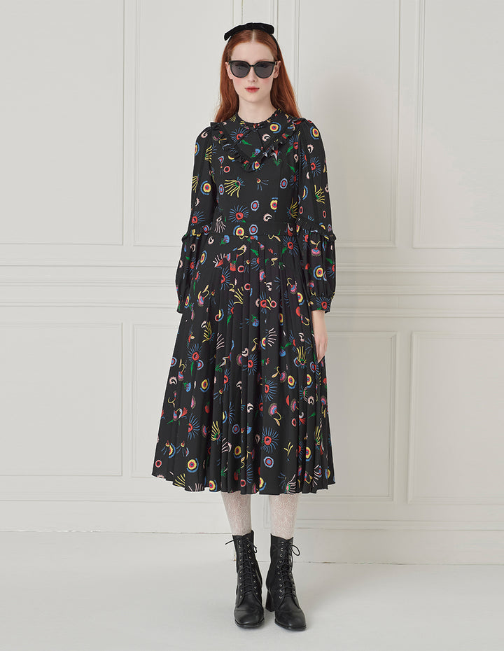 BORA AKSU Ruffle Long-Sleeve Printed Pleated Midi Dress
