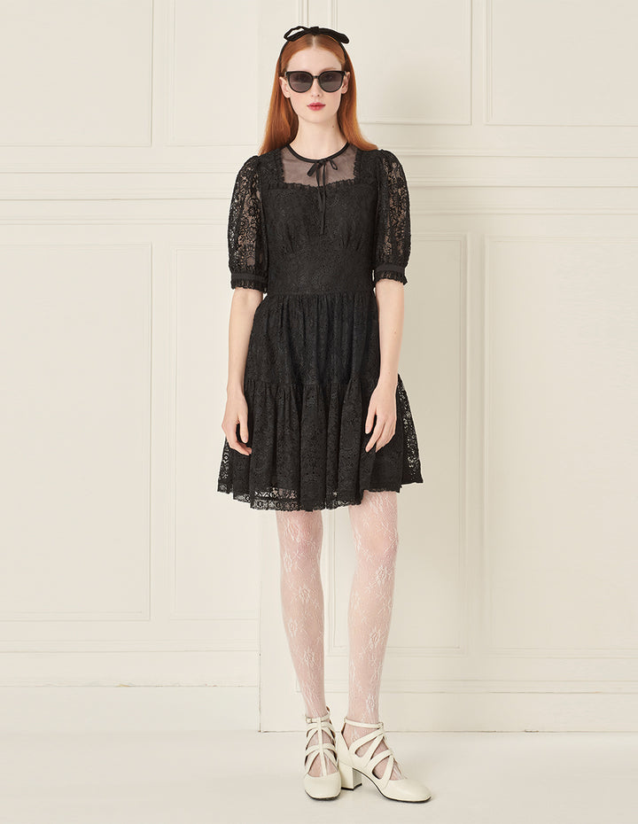 BORA AKSU Bow Tie Round Neck Puff Sleeve Lace Little Black Dress