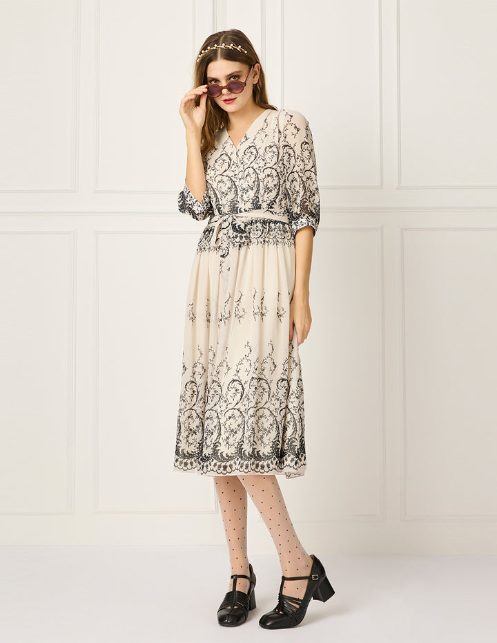BORA AKSU V-Neck Puff Sleeve Short Sleeve Curly Grass Print Wrap Midi Dress