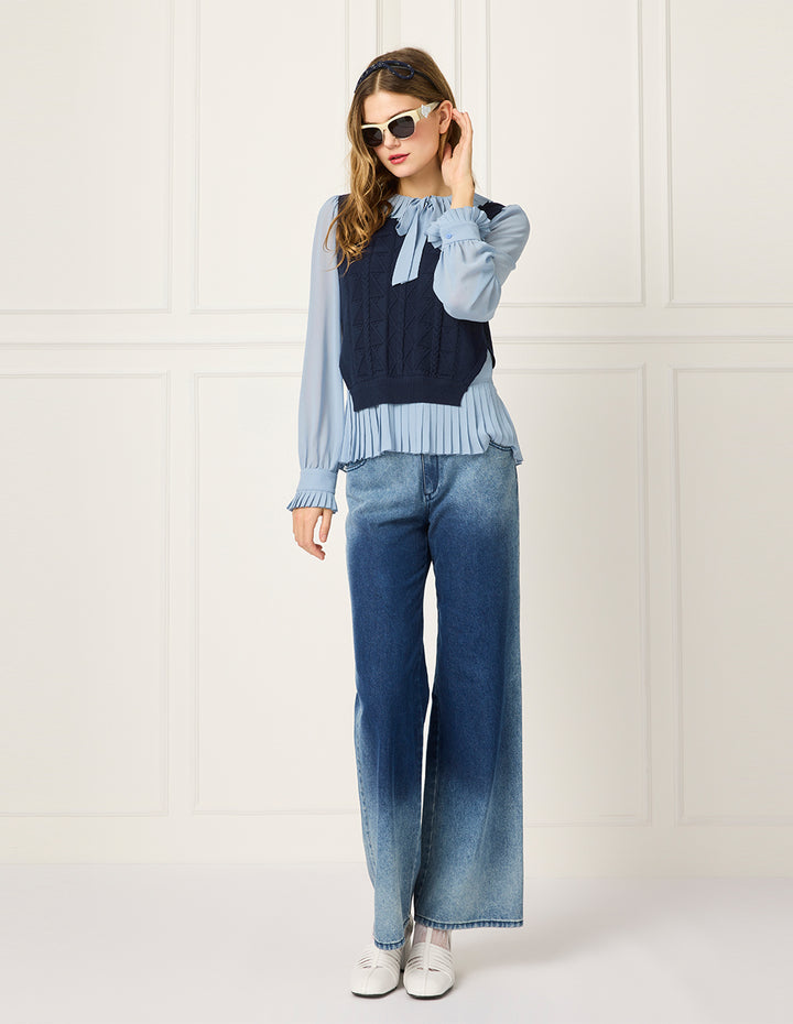 BORA AKSU Lapel-Doll Tie Collar Puff Long Sleeve Peplum Patchwork Blouse