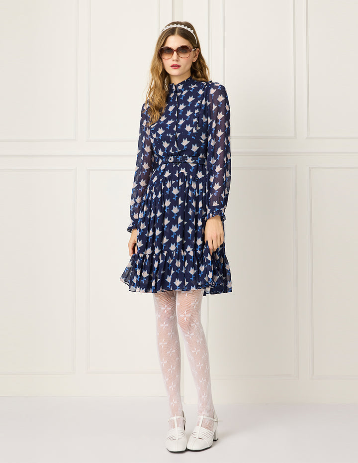 BORA AKSU Ruffle Collar Long Bubble Sleeve Floral Printed Trumpet Dress