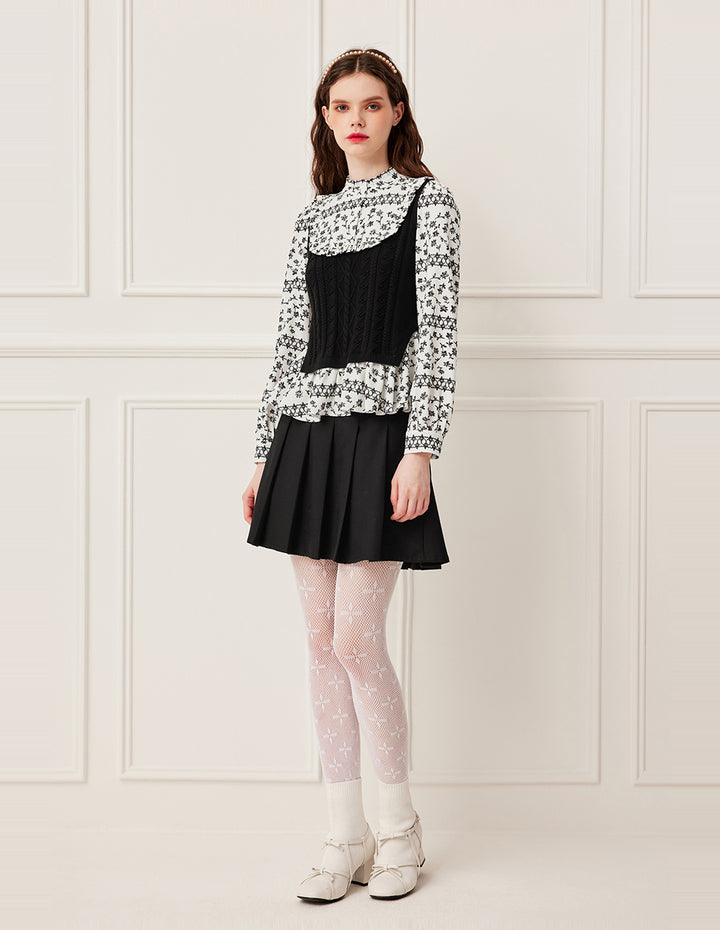 BORA AKSU Ruffled Turtleneck Long Sleeve Floral Patchwork Knit Top