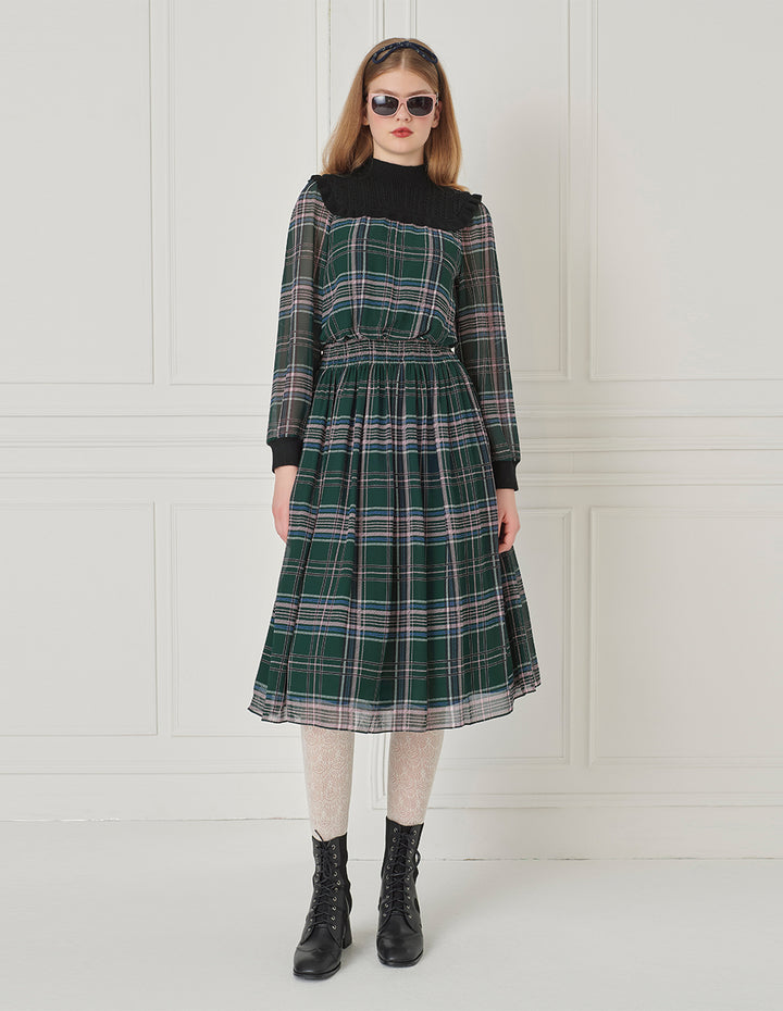 BORA AKSU Ruffled Stand-Up Collar Plaid Puff Long-Sleeve Knitted Splicing Dress