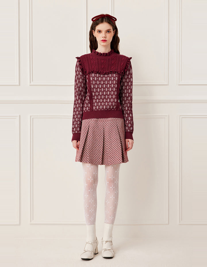 BORA AKSU Ruffled Turtleneck Cape Patchwork Double-Layer Diamond Pattern Knit Pullover