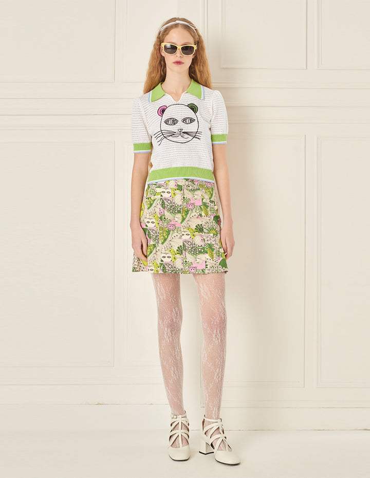 BORA AKSU Lapel Cutout Textured Cat Crochet Cropped Polo