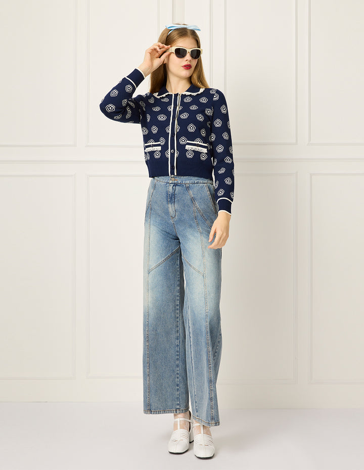 BORA AKSU Lace-Trimmed Lapel Long-Sleeve Floral Jacquard Knit Cardigan