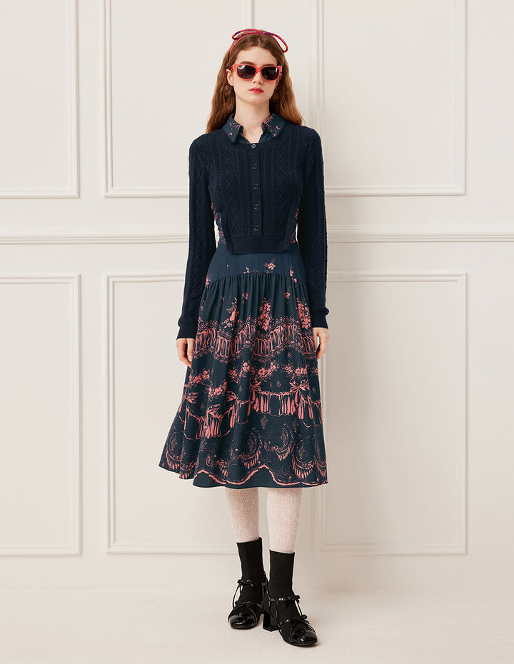 BORA AKSU Notched Collar Wool Knit Patchwork Printed Midi Dress