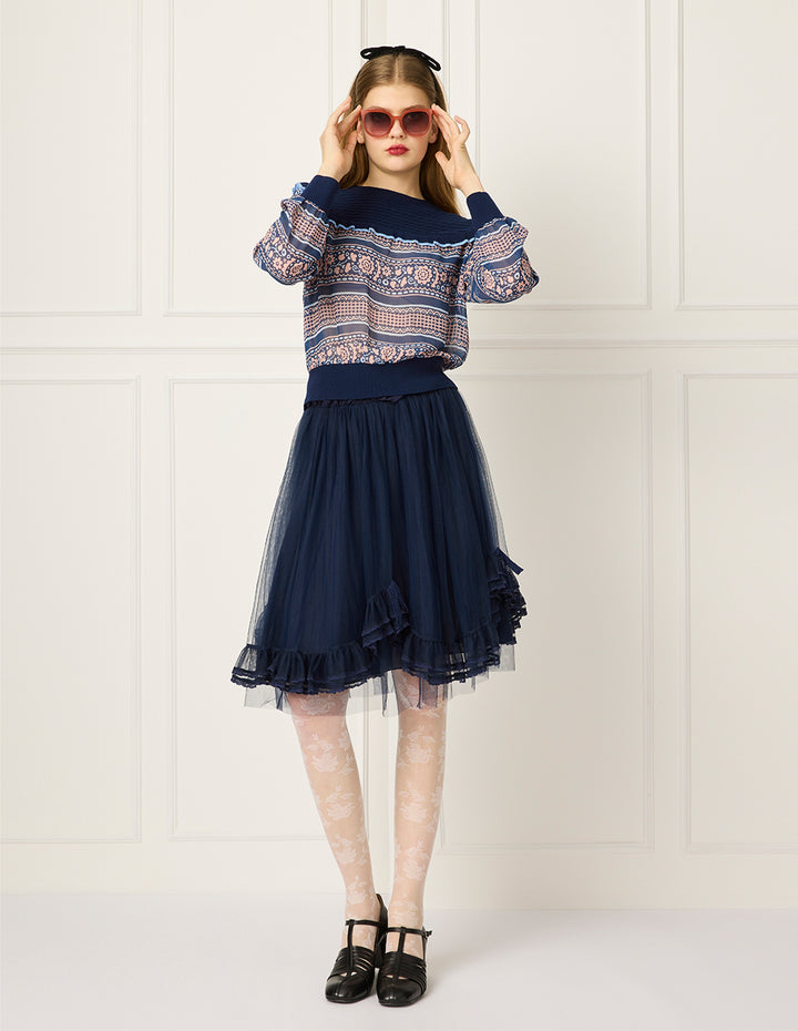 BORA AKSU Round-Neck Ruffles Bubble Sleeve Print Top