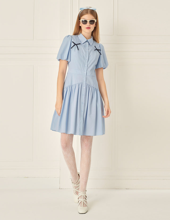 BORA AKSU Puff Sleeve Lapel Bow Pleated Dress