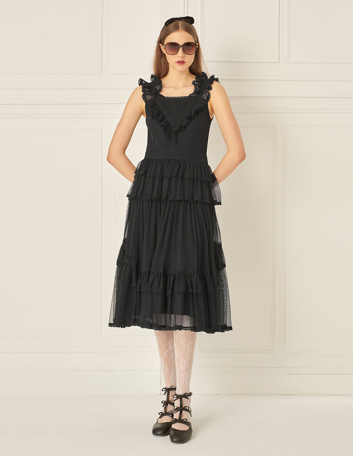 BORA AKSU Mesh Layered Ruffles Line Pleated Dress