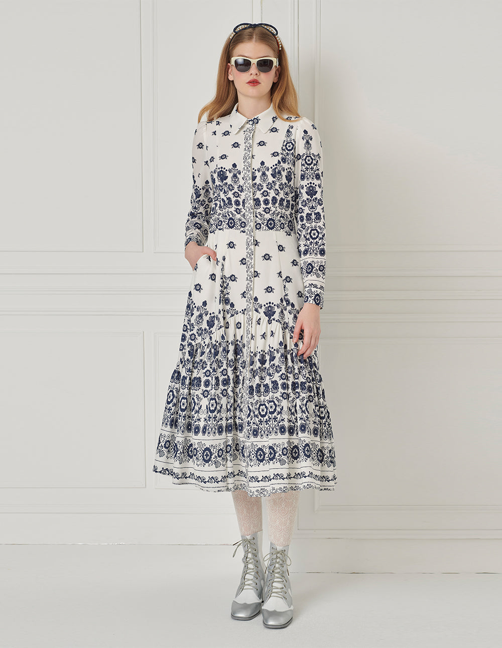 BORA AKSU Shirt-Collar Long Bubble Sleeve Printed Midi Trumpet Dress
