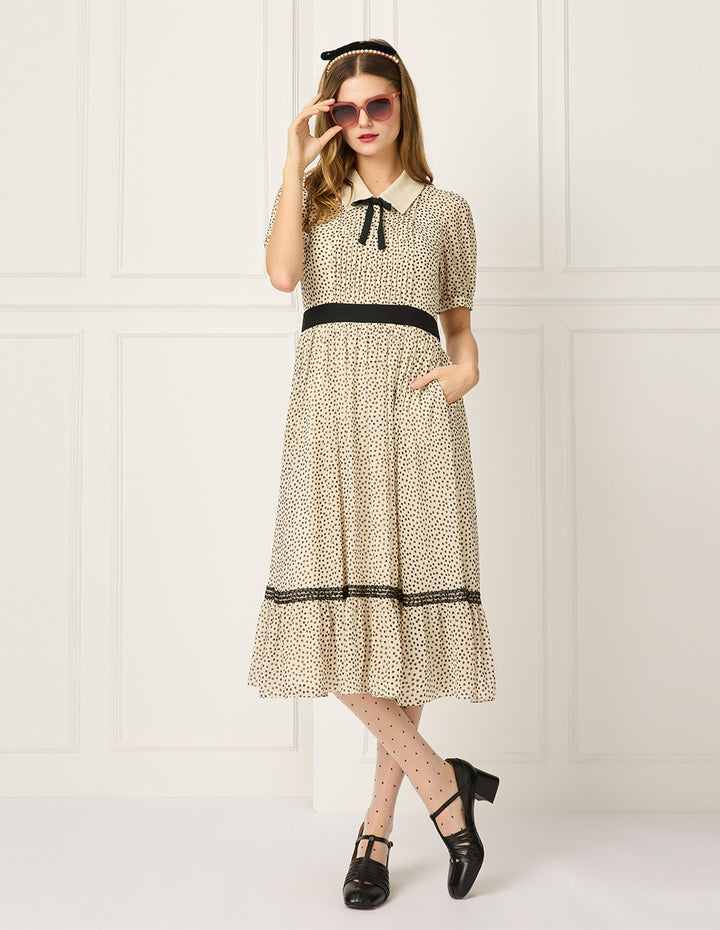 BORA AKSU Lapel Puff Short Sleeve Polka Dot Print Pleated Midi Dress