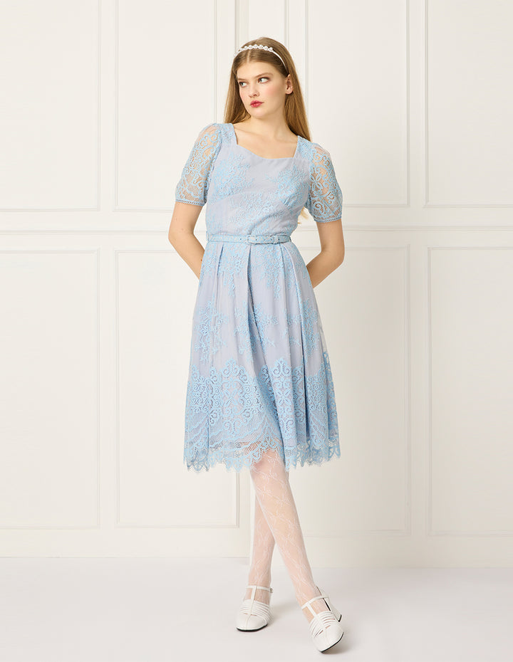 BORA AKSU Diamond-Collar Puff Short-Sleeve Lace-Floral Print Pleated Midi Dress