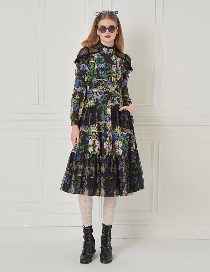 BORA AKSU Vintage High-Collar Mesh Patchwork Printed Pleated Midi Dress