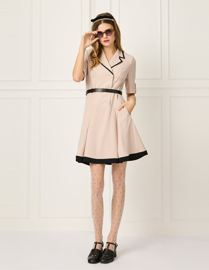 BORA AKSU Notched Lapel Single-Breasted Short-Sleeve Black Stripe-Trim Waist-Tie Midi Wrap Dress