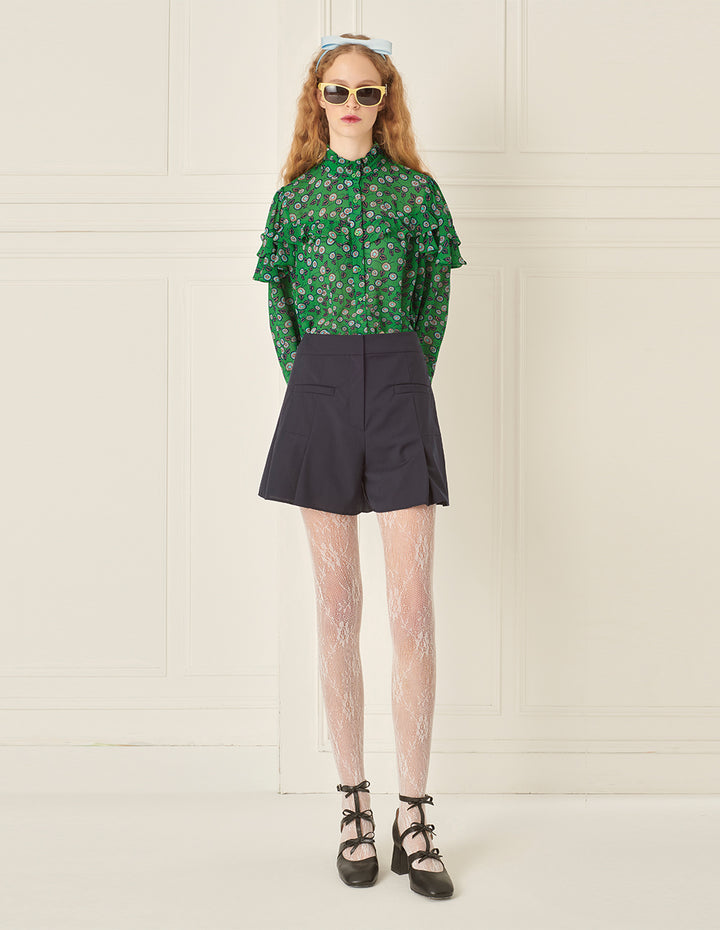 BORA AKSU French Stand-Up Collar Puff Sleeves Ruffled Green Printed Blouse