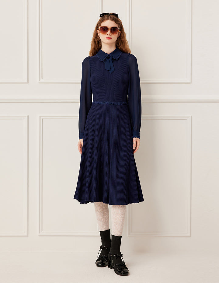 BORA AKSU Collared Patchwork Navy Blue Knit Bubble Sleeve Midi Dress