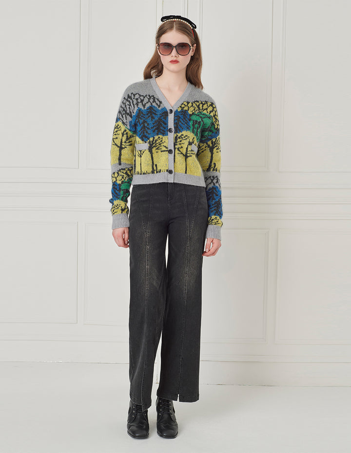 BORA AKSU V-Neck Loose Drop-Shoulder Long-Sleeve Printed Mohair Cropped Cardigan