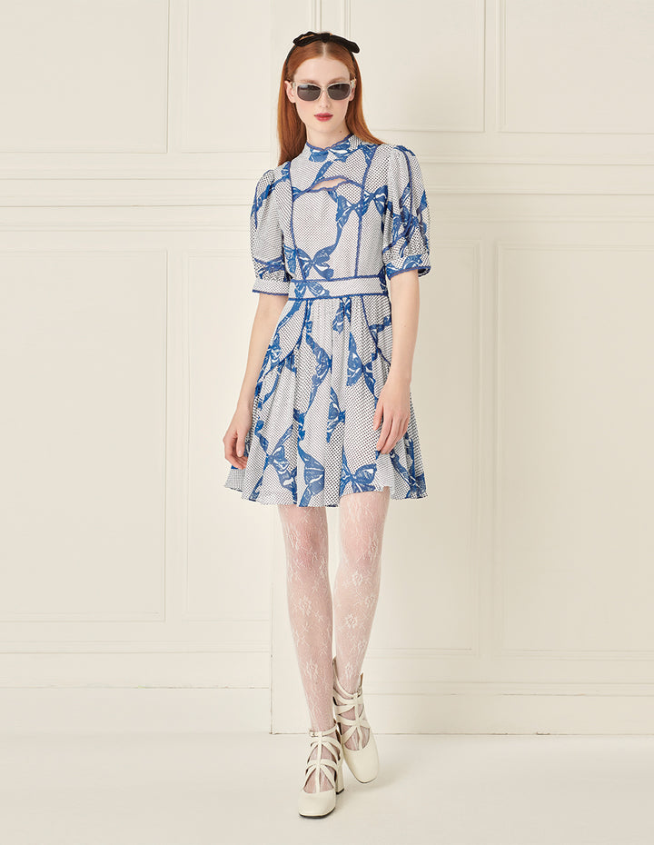 BORA AKSU French Stand Collar Puff Sleeve Bow Print Dress