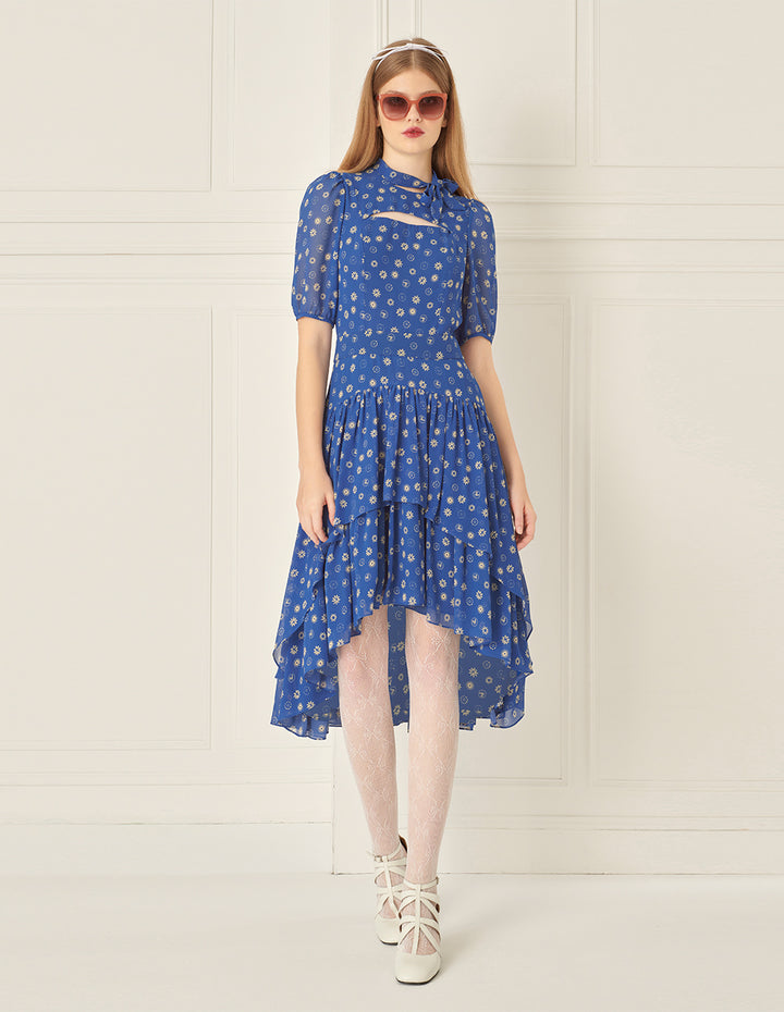 BORA AKSU French Puff Sleeve Collar Pleated Printed Dress
