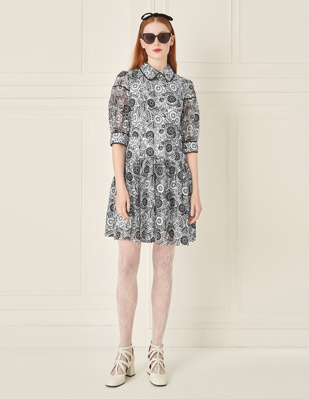 BORA AKSU Retro Puff Sleeve Black And White Lace Dress