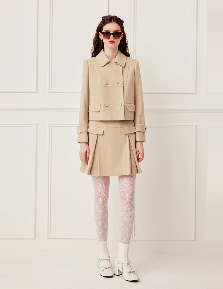 BORA AKSU Notched Collar Double-Breasted Wool Cashmere Blend Short Coat