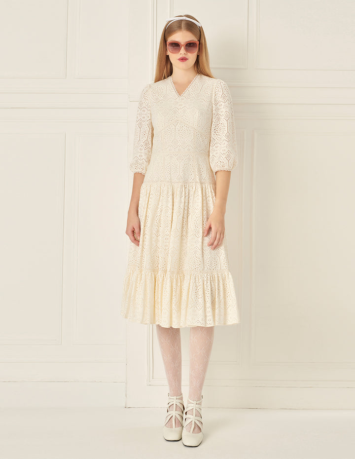 BORA AKSU Puff Sleeve V-Neck Lace Dress