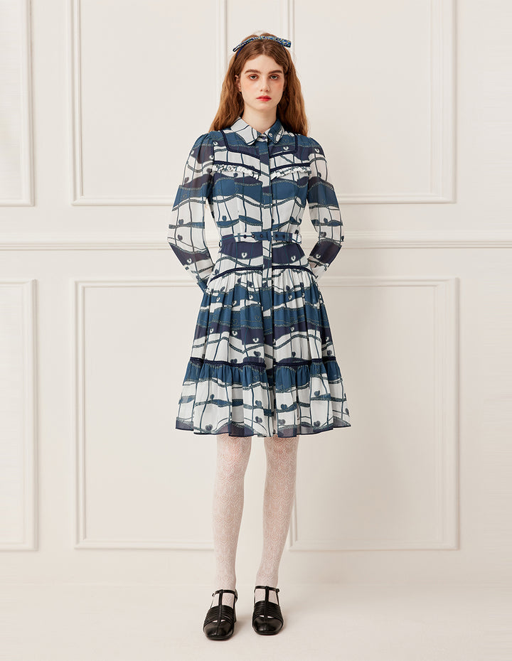 BORA AKSU Long Sleeve Blue Ocean Print Pleated Midi Dress
