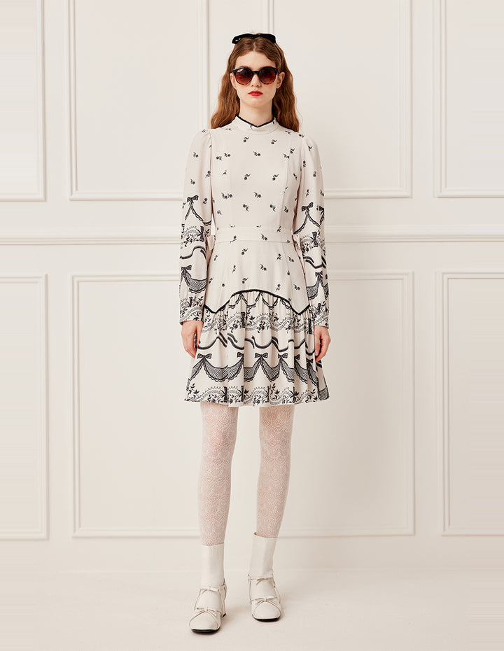 BORA AKSU Ruffled Mandarin Collar Floral Print Long Puff Sleeve Midi Dress