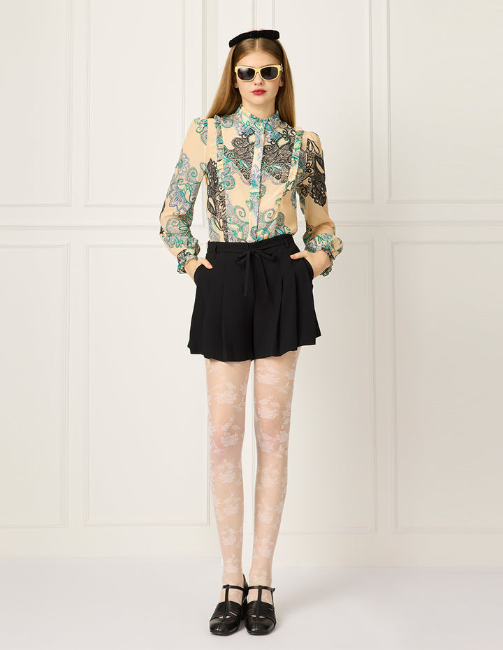 BORA AKSU Ruffled Stand Collar Puff Long Sleeve Floral Lace Printed Blouse