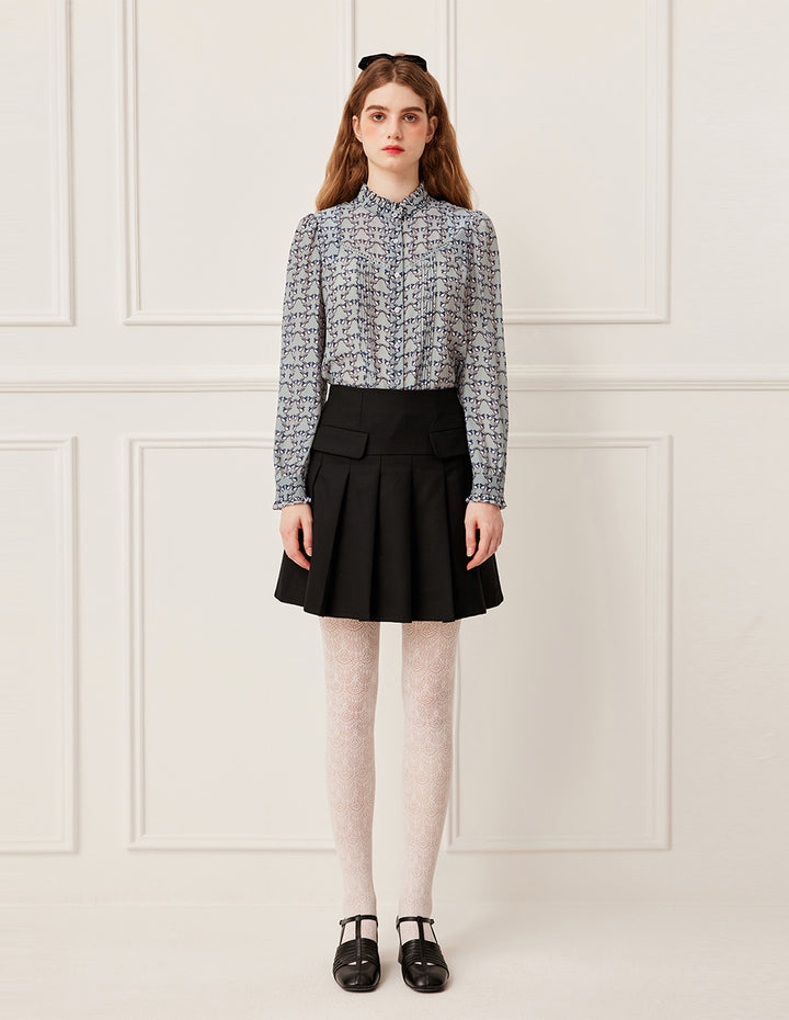 BORA AKSU Ruffled Stand Collar Long Sleeve Pin Tuck Floral Print Silk Blouse