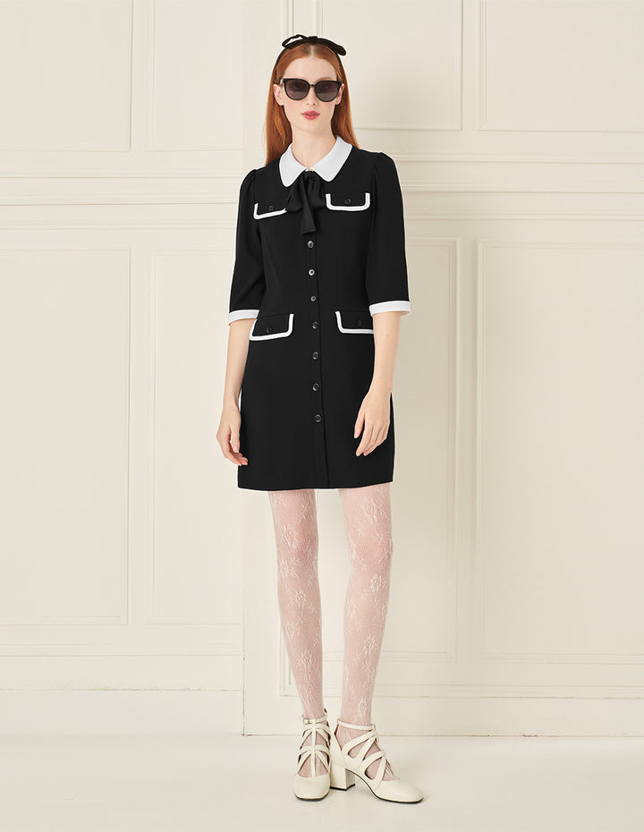 BORA AKSU French Contrast Lapel Bow Tie Dress