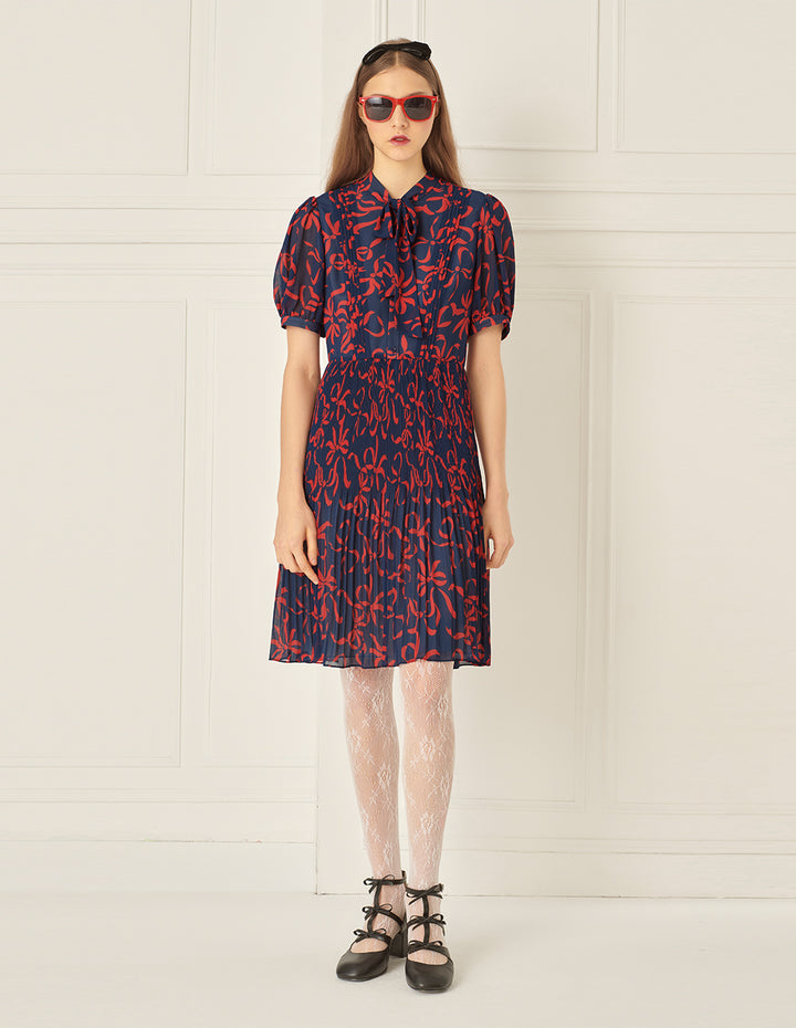 BORA AKSU French Float Neck Pleated Print Dress