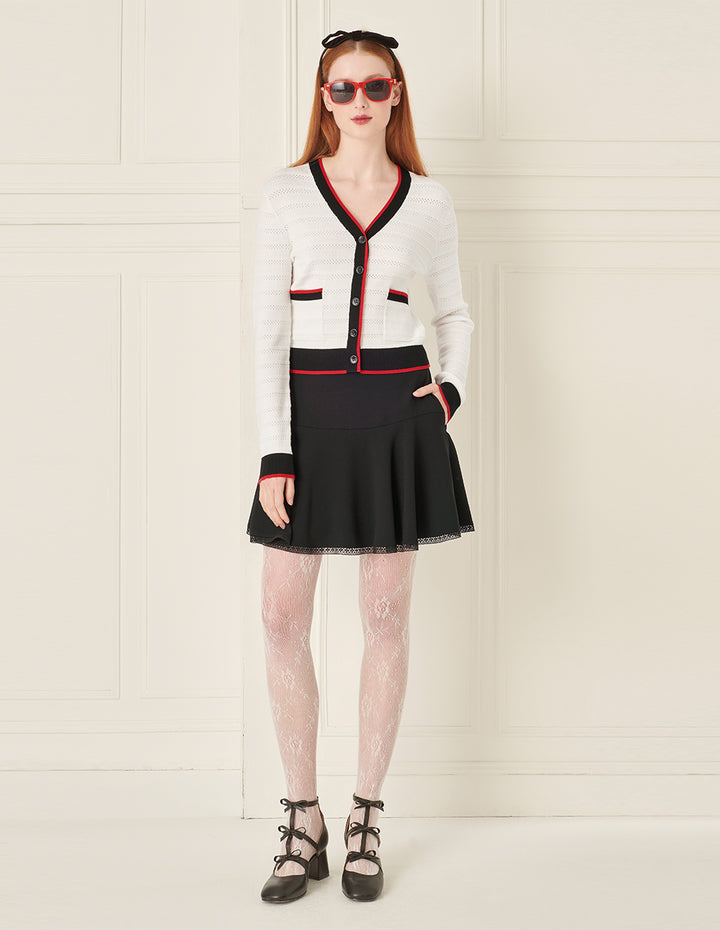 BORA AKSU Red And Black Contrast Trim V-Neck Long-Sleeved Knitted Cardigan