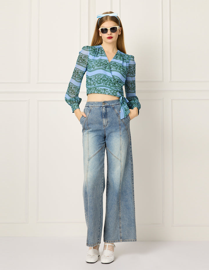 BORA AKSU V-Neck Puff Long-Sleeve Floral & Striped Printed Wrap Top