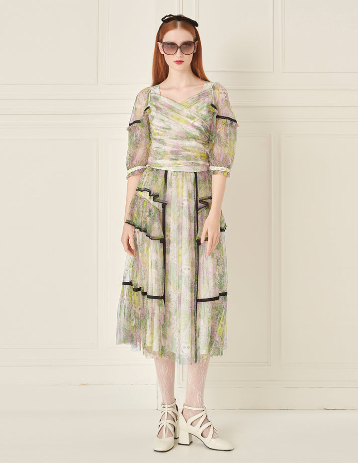 BORA AKSU Tiered Ruffled Printed Mesh Skirt