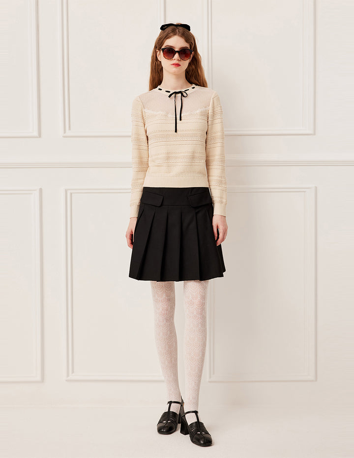 BORA AKSU Round Neck Sheer Lace Patchwork Long Sleeve Knit Pullover