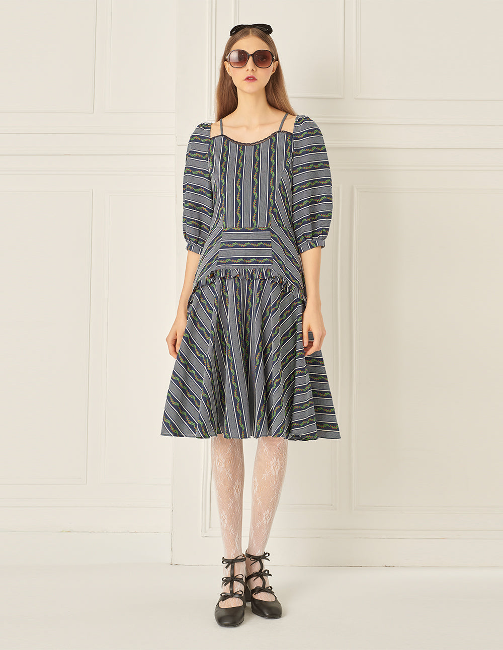 BORA AKSU Off-The-Shoulder Pleated Striped Print Dress